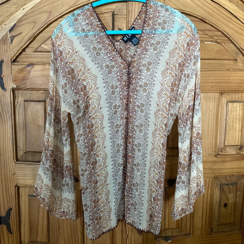 Mixit Paisley Silk Blouse - Cream and Brown M